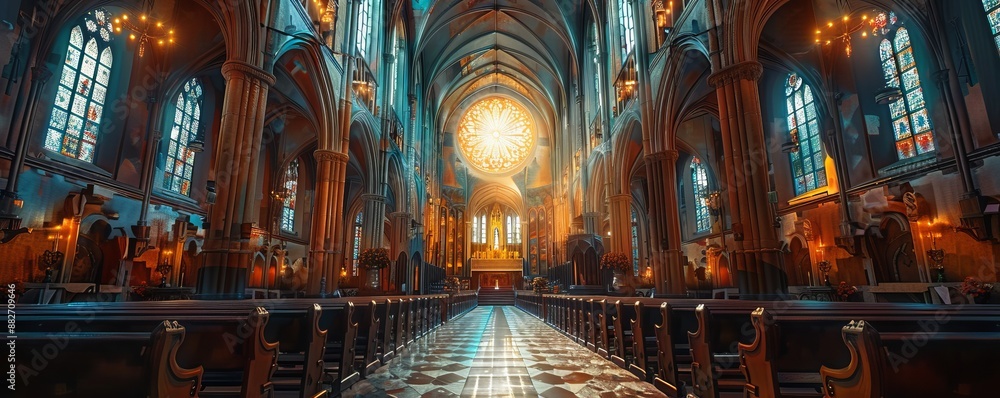 Fototapeta premium Gothic Church Interior, 4K hyperrealistic photo