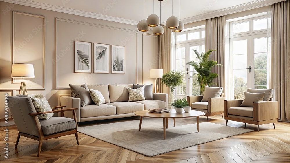 Fototapeta premium Cozy beige living room with stylish chairs and sofa, room, interior, beige, chair, sofa, cozy, stylish, furniture, decor