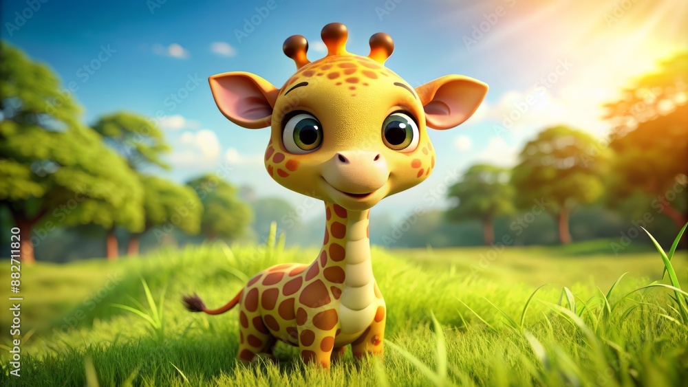 Adorable smiling giraffe cartoon character with big brown eyes and yellow fur standing alone in a bright green meadow background. Adorable smiling giraffe cartoon character with big brown eyes and yellow fur standing alone in a bright green meadow background.