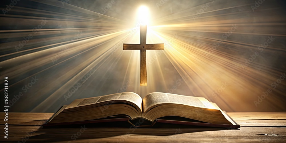 Cross on open bible with rays of light shining down, faith, religion, spirituality, Christian, belief, holy Cross on open bible with rays of light shining down, faith, religion, spirituality, Christian, belief, holy