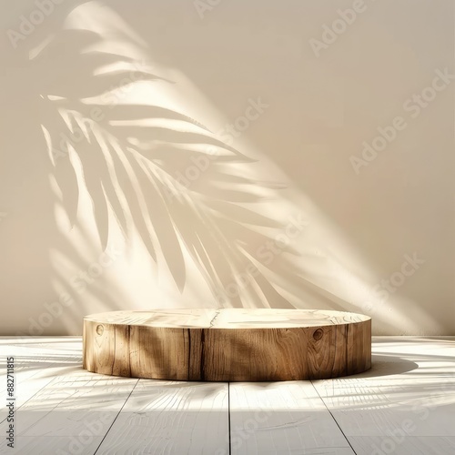 Wooden Podium With Palm Leaf  Sunlight Shadow on White Wall Background for Product Display
