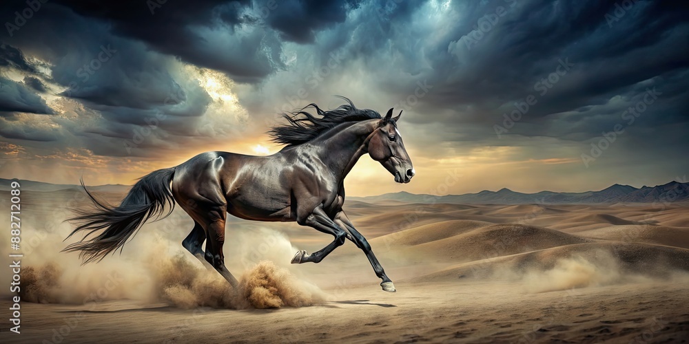 Dark horse running through desert landscape, horse, desert, running, speed, wild, animal, majestic, powerful, freedom, dusty