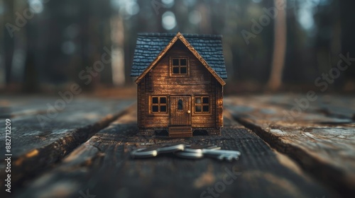 Miniature cozy tiny house model with silver keys, representing real estate purchase concept