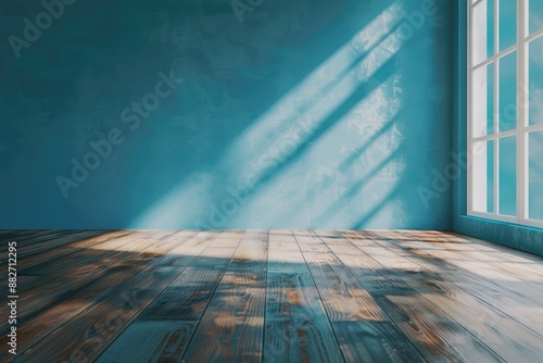 Sky Blue Empty Wall and Wooden Floor with Sunlight Streaming Through a Window House Plant Light Blue Room Interior