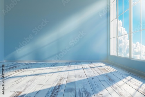 Sky Blue Empty Wall and Wooden Floor with Sunlight Streaming Through a Window House Plant Light Blue Room Interior