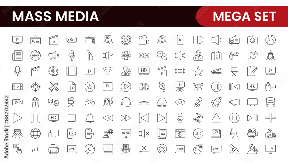 Mass media outline vector icons large set isolated on white background. media business concept. Media outline icons set. Mass media outline vector icons large set isolated on white background. media business concept. Media outline icons set.