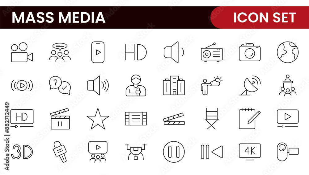 Mass media outline vector icons large set isolated on white background. media business concept. Media outline icons set. Mass media outline vector icons large set isolated on white background. media business concept. Media outline icons set.