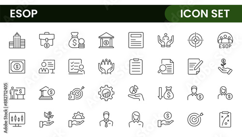 Outline icons about ESOP employee stock ownership plan. Contains such icons as company, win-win, scheme and benefits.