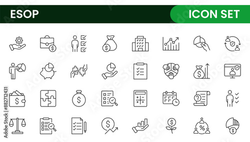 Outline icons about ESOP employee stock ownership plan. Contains such icons as company, win-win, scheme and benefits.