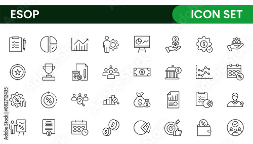 Outline icons about ESOP employee stock ownership plan. Contains such icons as company, win-win, scheme and benefits.