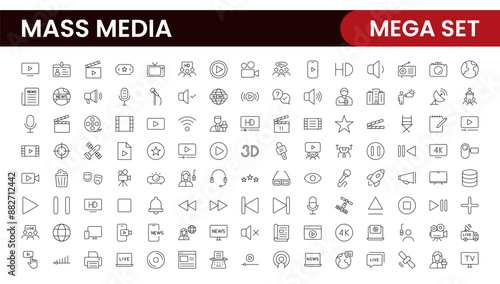 Mass media outline vector icons large set isolated on white background. media business concept. Media outline icons set.