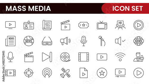 Mass media outline vector icons large set isolated on white background. media business concept. Media outline icons set.