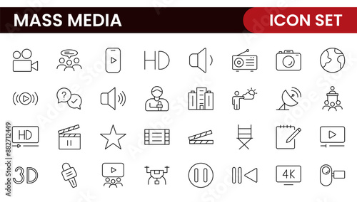 Mass media outline vector icons large set isolated on white background. media business concept. Media outline icons set.