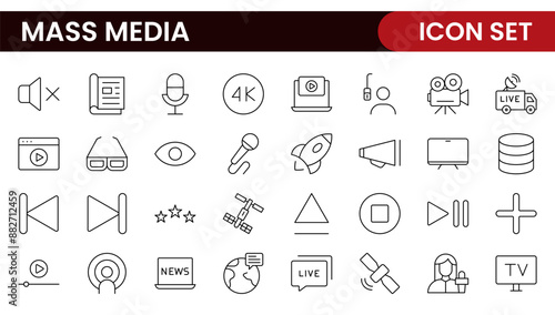 Mass media outline vector icons large set isolated on white background. media business concept. Media outline icons set.