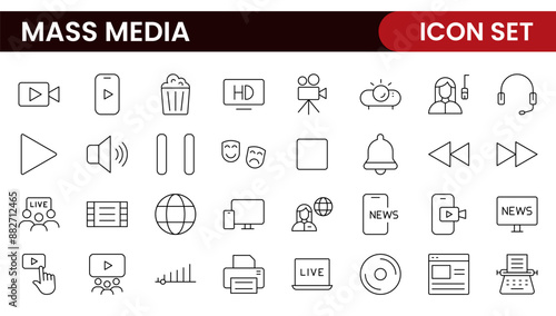 Mass media outline vector icons large set isolated on white background. media business concept. Media outline icons set.