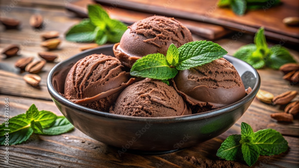 Freshly scooped rich brown chocolate ice cream garnished with vibrant green mint leaves in a clean white bowl. Freshly scooped rich brown chocolate ice cream garnished with vibrant green mint leaves in a clean white bowl.
