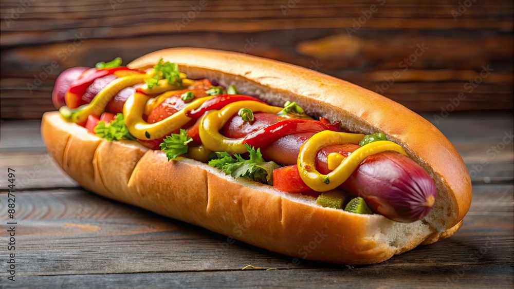 Loaded hot dog with mustard, ketchup, relish, and onions in soft bun, hot dog, loaded, mustard, ketchup, relish, onions Loaded hot dog with mustard, ketchup, relish, and onions in soft bun, hot dog, loaded, mustard, ketchup, relish, onions