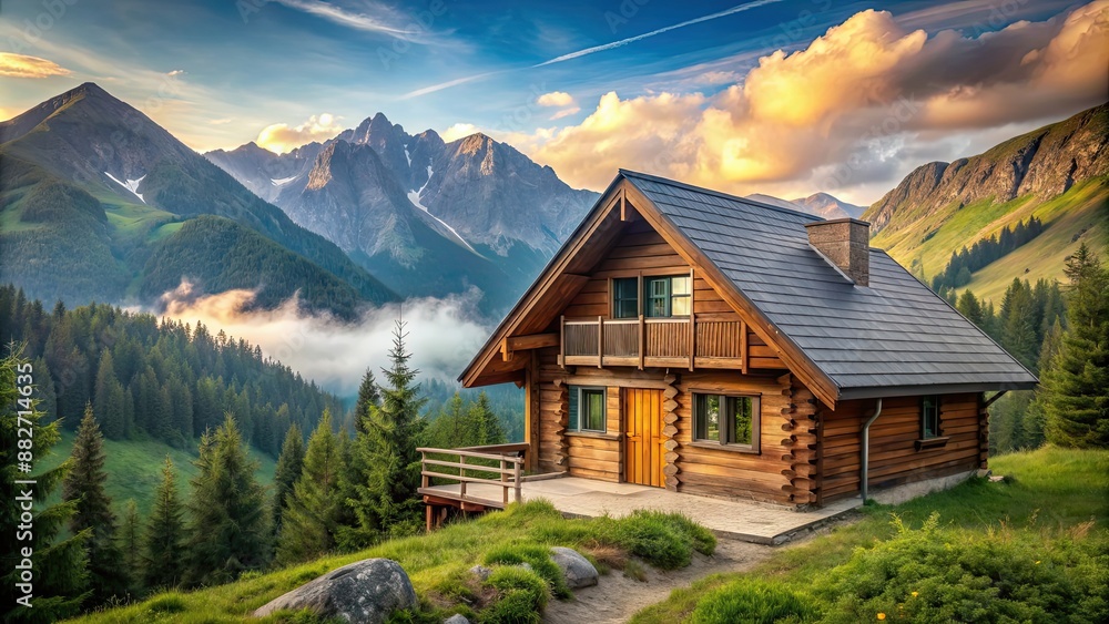 Cozy wooden house nestled in the tranquil mountains, mountain retreat, cabin, nature, solitude, peaceful, scenic Cozy wooden house nestled in the tranquil mountains, mountain retreat, cabin, nature, solitude, peaceful, scenic