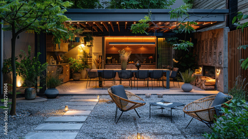 Modern Patio with a Cozy Fireplace and Dining Area.