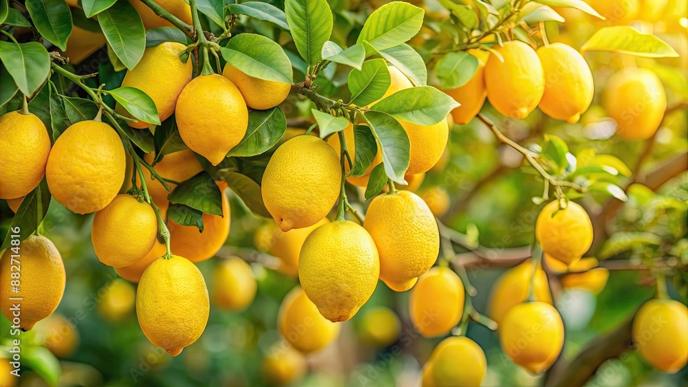 Lemon tree with ripe yellow fruits hanging from branches , Citrus, orchard, agriculture, fresh, harvest, natural, healthy Lemon tree with ripe yellow fruits hanging from branches , Citrus, orchard, agriculture, fresh, harvest, natural, healthy