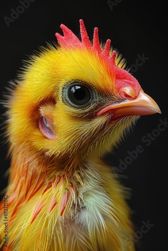 Vibrant gum dichromate print of a chicken adopted by a goblin, featuring sunshine yellow, fluorescent green, and sapphire blue tones. photo