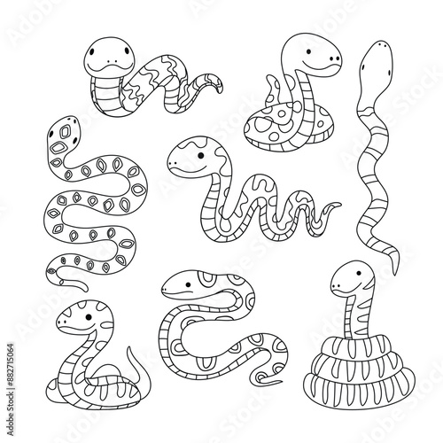 Set of snake doodle collection, snake outline coloring page or book animals for kindergarten, Vector line art set of animals wildlife, Hand drawn, Minimal snake line art doodle in different pose.