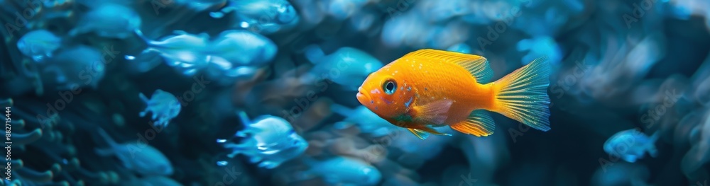 Vibrant orange fish stands out among blue school, captioned Being different is your super power. Vibrant orange fish stands out among blue school, captioned Being different is your super power.