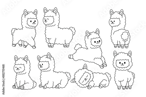 Set of alpaca doodle collection, alpaca outline coloring page or book animals for kindergarten, Vector line art set of animals wildlife, Hand drawn, Minimal alpaca line art doodle in different pose.