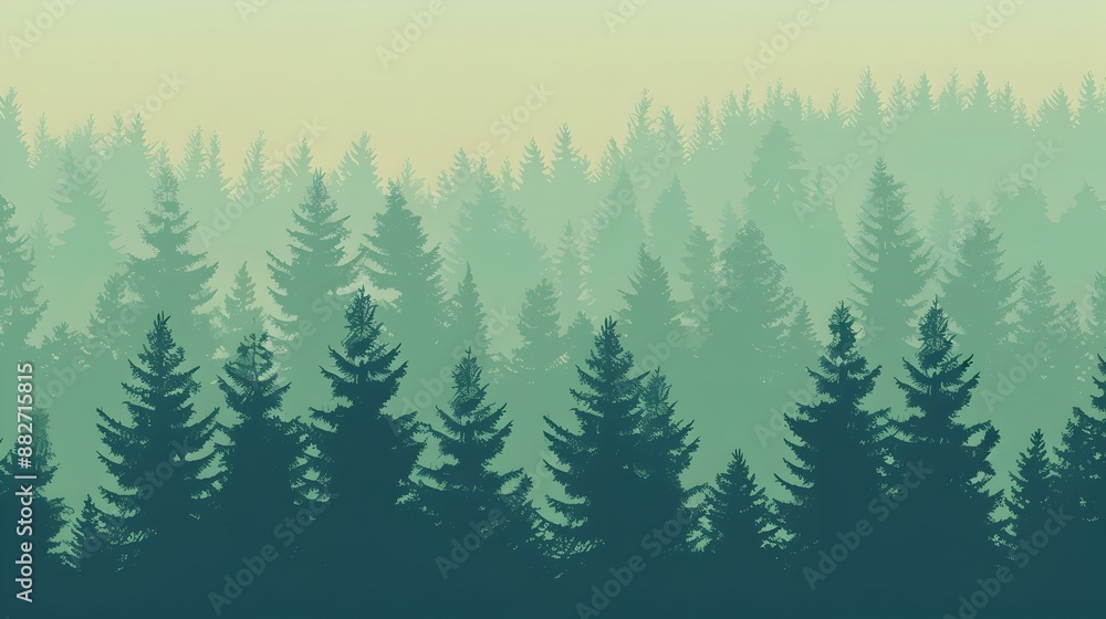 Obraz premium Misty evergreen forest landscape with dense coniferous trees in the wilderness