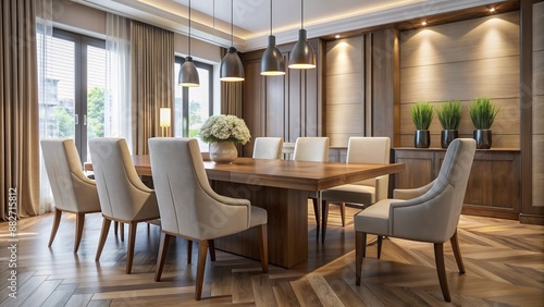 Elegant wooden table surrounded by six high-backed chairs in a contemporary dining room with subtle lighting and neutral colors.