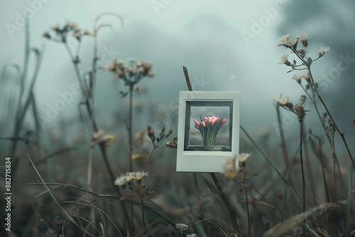 A polaroid photo surrounded by flowers - Generative AI