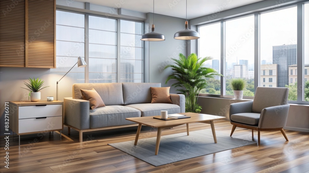 A calm, serene, minimalist office setting with a couch, chair, and coffee table, conveying a sense of trust and professionalism. A calm, serene, minimalist office setting with a couch, chair, and coffee table, conveying a sense of trust and professionalism.