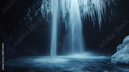 Clean water falling down from icicles inside dark icy cave in iceland. 