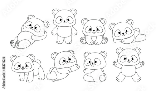 Set of panda doodle collection, panda outline coloring page or book animals for kindergarten, Vector line art set of animals wildlife, Hand drawn, Minimal panda line art doodle in different pose.