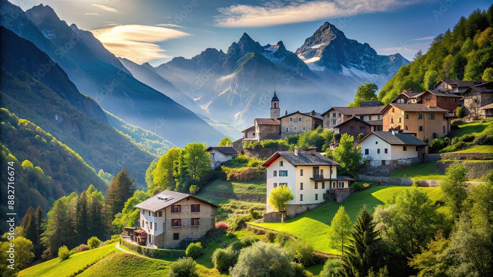Fototapeta premium Minimalist mountain village nestled in a serene landscape , cultural, tapestry, architecture, scenic, serene