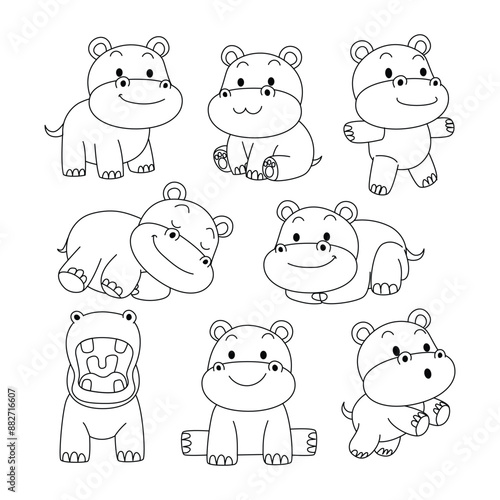 Set of hippo doodle collection, hippo outline coloring page or book animals for kindergarten, Vector line art set of animals wildlife, Hand drawn, Minimal hippo line art doodle in different pose.