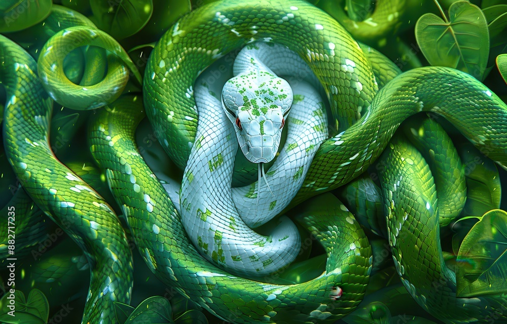 Albino snake stands out in sea of green snakes, highlighting phrase 'Being different is your super power.' Albino snake stands out in sea of green snakes, highlighting phrase 'Being different is your super power.'