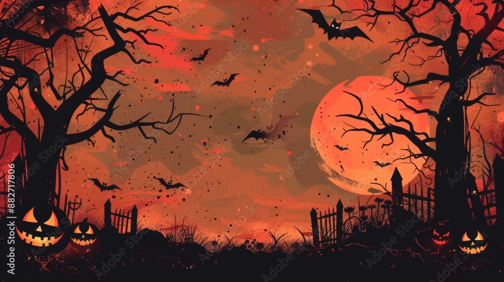 Spooky Halloween Night with Jack-o'-Lanterns and Flying Bats Spooky Halloween Night with Jack-o'-Lanterns and Flying Bats