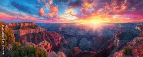 A photorealistic image of a breathtaking view of the Grand Canyon at sunset, showcasing the vibrant colors and vastness of the natural world.