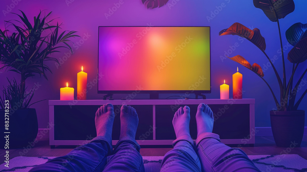 Cozy home movie night with colorful lighting, candles, and plants, showcasing a relaxing atmosphere with a TV screen in the background. Cozy home movie night with colorful lighting, candles, and plants, showcasing a relaxing atmosphere with a TV screen in the background.
