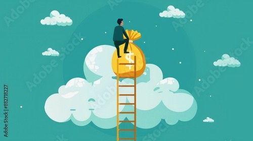 Businessman climbing on a money bag atop a ladder high in the sky, symbolizing financial success and aspirations.