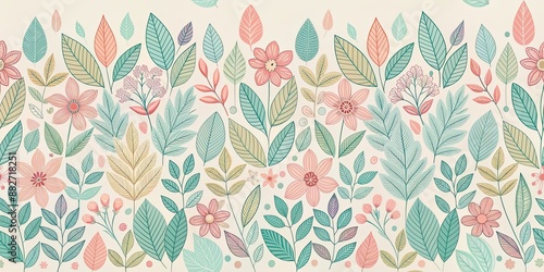 Elegant seamless pattern with stylized leaves and flowers in pastel colors, seamless, pattern, elegant, stylized