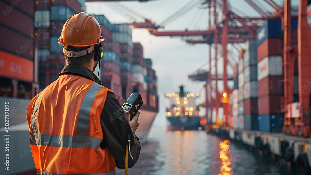 The supervisor uses a handy talky to order and control the loading of containers from the cargo ship. The supervisor uses a handy talky to order and control the loading of containers from the cargo ship.