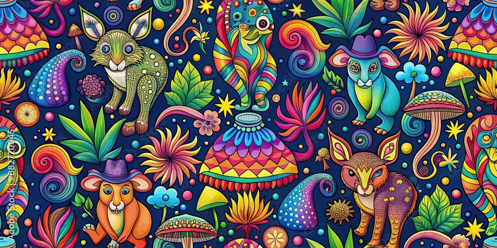 Psychedelic seamless pattern featuring colorful animals and mushrooms, psychedelic, seamless, pattern, animals Psychedelic seamless pattern featuring colorful animals and mushrooms, psychedelic, seamless, pattern, animals