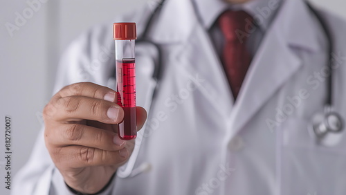 A doctor holding a test tube with a red liquid in it