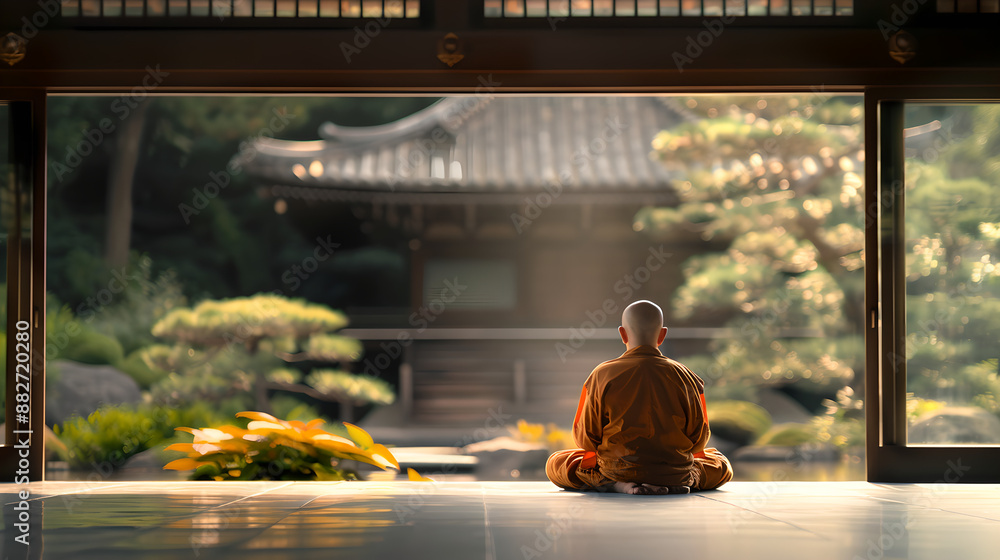Buddhist monk meditating in tranquil temple garden Buddhist monk meditating in tranquil temple garden