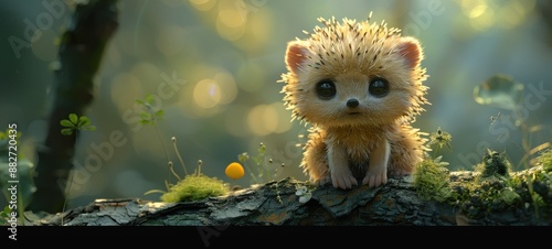 Robotic hedgehog perched on branch in lush jungle setting, blending mechanical and natural elements, in blonde yellow, beige, and candy pink hues.