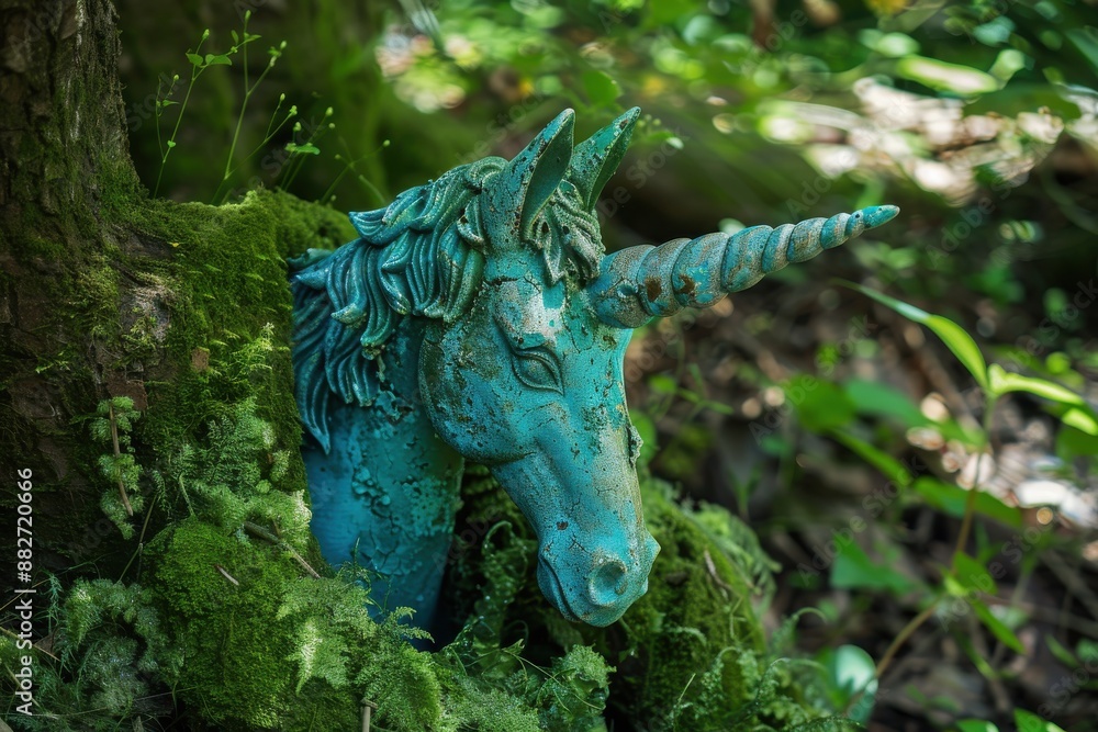 Fototapeta premium Vibrant turquoise blue unicorn grazing in a field of fresh moss.