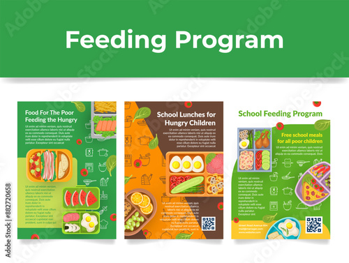 Food feeding program for school children and poor poster design template set vector flat