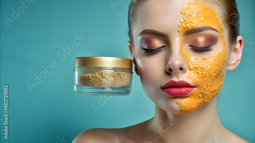 Woman with yellow facial mask and red lipstick photo